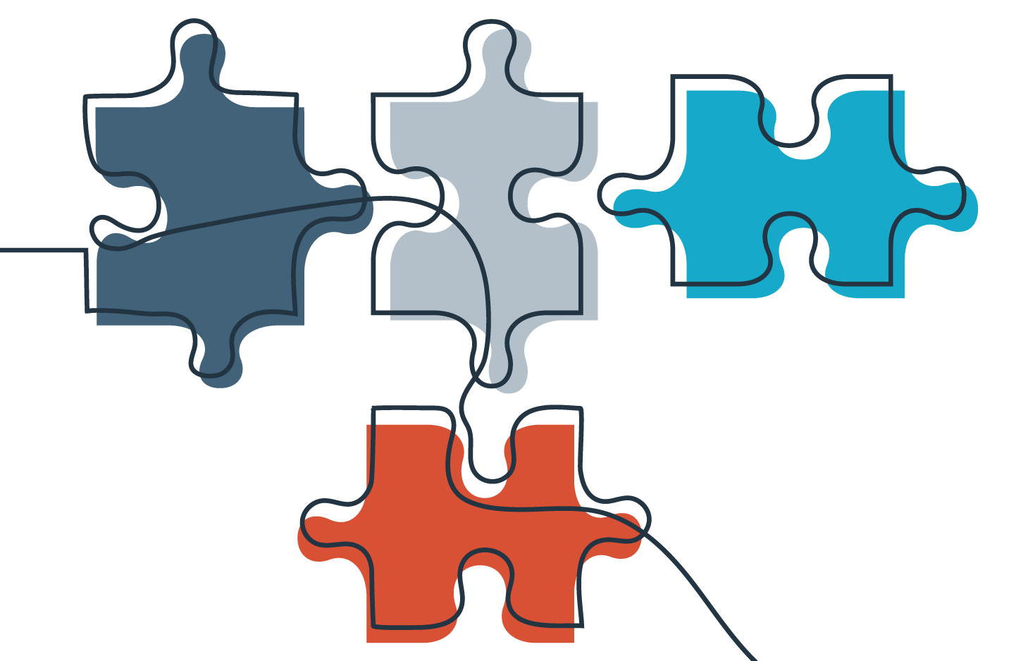 Symbolbild für Barrierefreiheit, zeigt vier Puzzle-Teile die miteinenader mit einer Linie verbunden sind