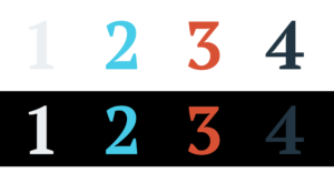 Auf weissem und schwarzem Hintergrund Ziffern von 1 bis 4 in verschieden Farben wie Hellgrau, Cyan, Orange und Dunkelblau.