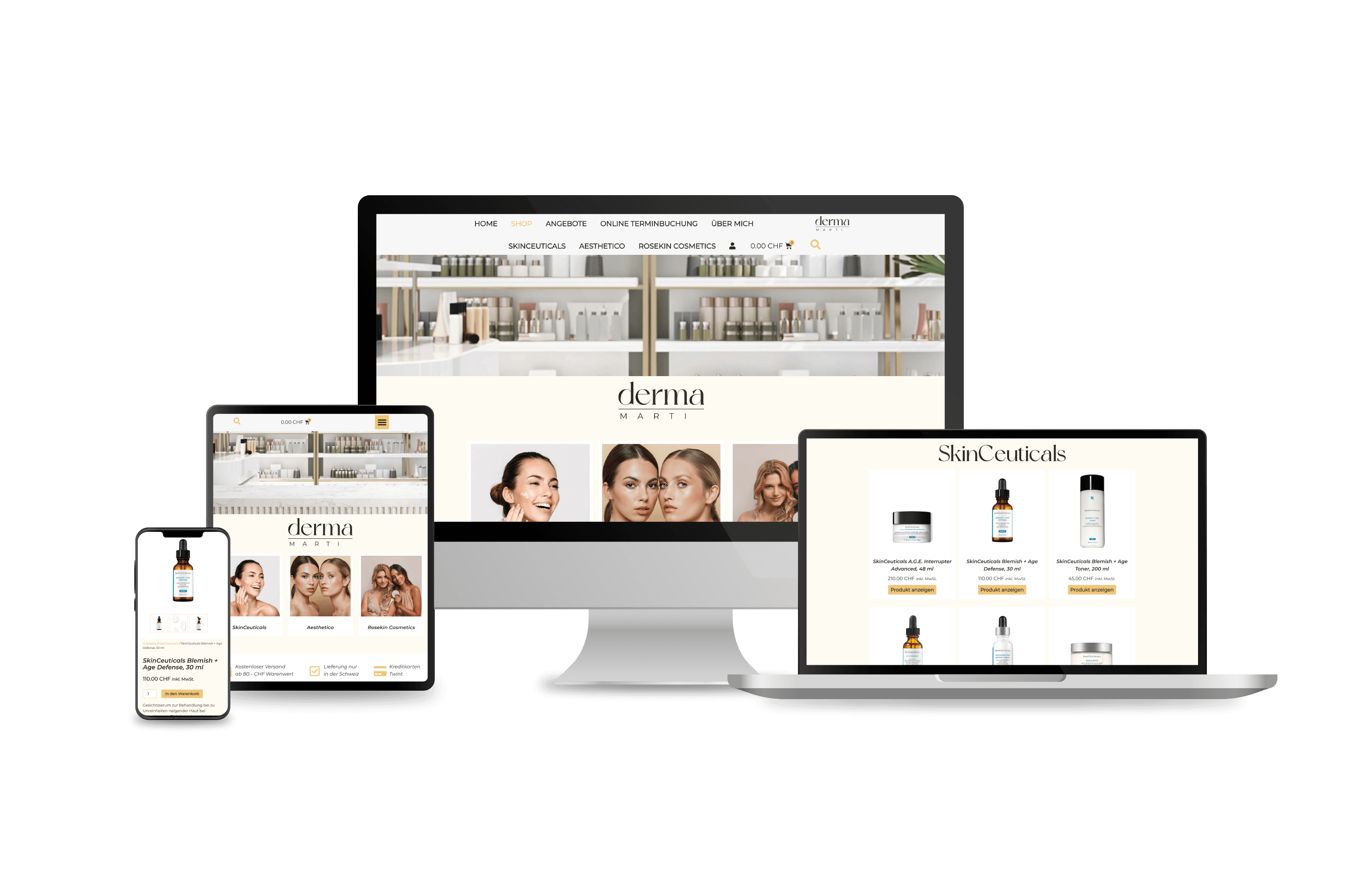 Projekt derma-marti Webshop mit einem Mockup der Website und einem Einkaufswagen-Icon