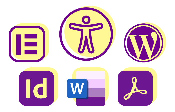 Icons in Violette und Gelb, Icon Elementor, WordPress, InDesign, Word, Acrobat
